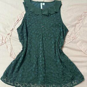 Lauren Conrad sleeveless blouse with ruffle collar and sheer floral overlay.